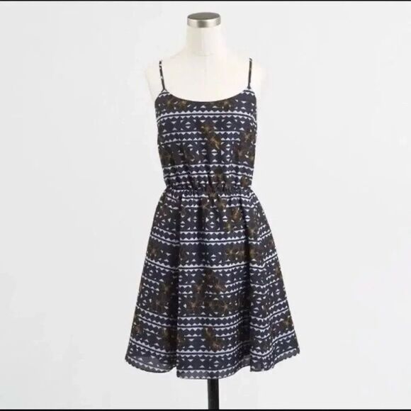 J Crew Spaghetti Strap Navy Yellow & White Batik Floral Fit & Flare Dress Size 6 - Picture 1 of 11